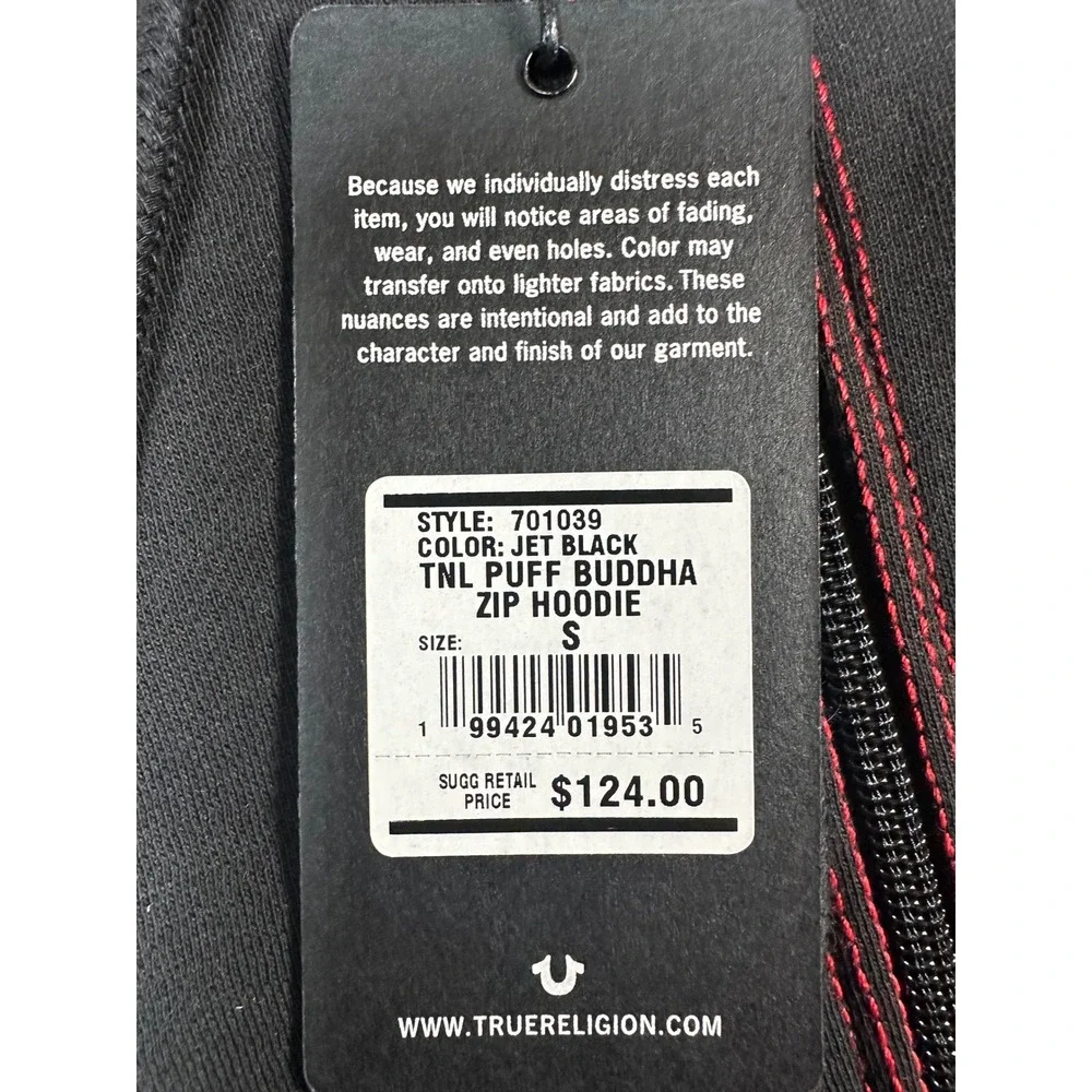 True Religion Mens TNL Puff Buddha Zip Hoodie Jet Black Red Stitch 701039 S